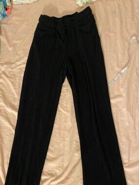 Black Ribbed Wide Leg Flare Pants High Waisted Stretch Lounge Trousers